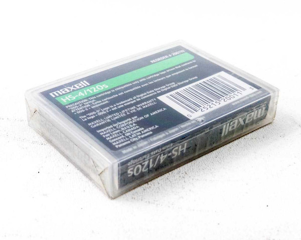 Maxell HS-4/120s 4mm data cartridge rear and side view showing reorder number 200110 and barcode on sealed packaging
