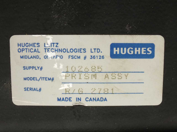 Hughes Leitz Optical Technologies label showing Supply# 102685, Model/Item# PRISM ASSY, Serial# R/G 2781, Made in Canada