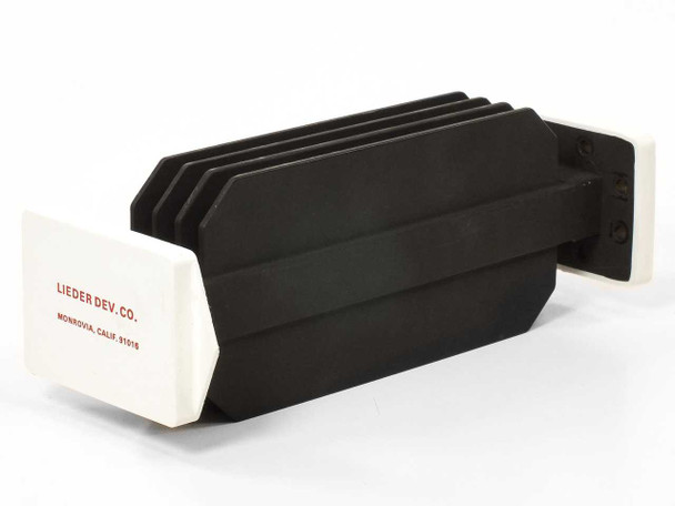 Varian F137CA2 WR-137 waveguide — rear three-quarter view showing finned body and white rectangular flanges; Lieder Dev. Co. Monrovia CA label visible on flange