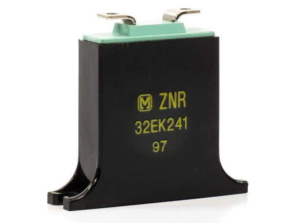 Panasonic 32EK241 ZNR varistor front view showing black molded body with green zinc oxide disc and spade terminals, date code 97 printed in yellow