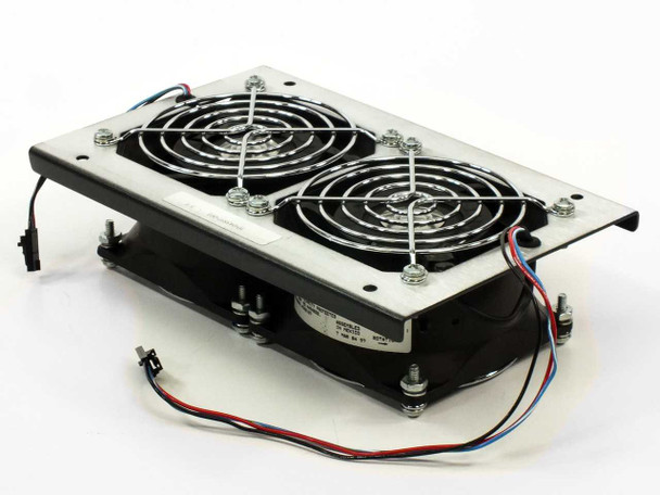 Comair Rotron SD24K5 Sprite dual fan rackmount assembly – angled front view showing wire harness and fan guards