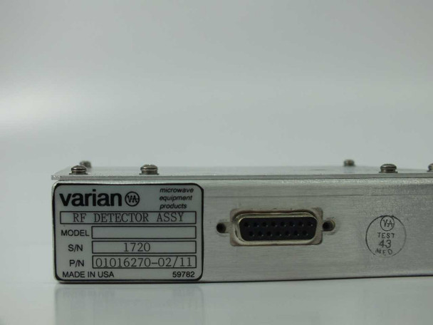 Varian RF Detector Assembly – close-up of label showing brand, RF Detector Assy designation, Model blank, S/N 1720, P/N 01016270-02/11, Made in USA, and D-Sub connector