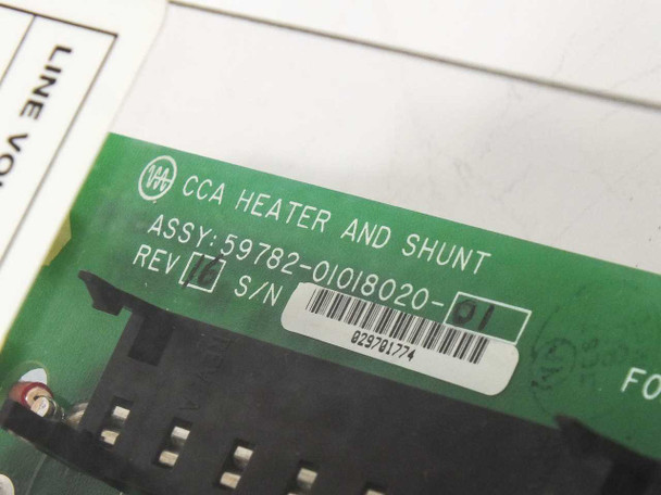 Varian 59782-01018020-01 CCA label close-up showing part number ASSY 59782-01018020-01, REV and S/N fields, and barcode