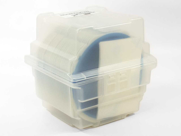 Spectrolab 12-045774-301 wafer container – closed side/angled view showing 25 wafer holder slots and blue carrier disk through clear polypropylene housing