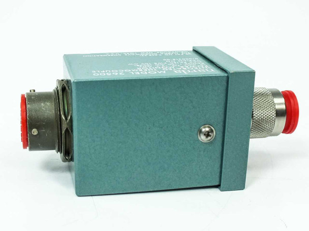 Narda 26500 Thermocouple Power Monitor – side view showing multi-pin output connector (left) and N-type RF input connector (right) with label text on top