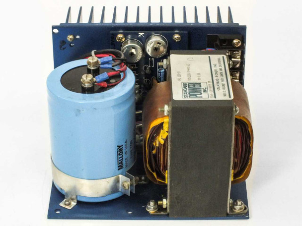 Standard Power SPS 120-15 linear power supply — top-down angled view showing Mallory capacitor marked, toroidal transformer, regulator board, and heatsink fins