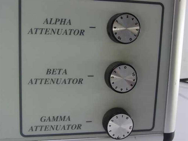 Right side panel showing three stepped rotary attenuator knobs labeled Alpha, Beta, and Gamma Attenuator