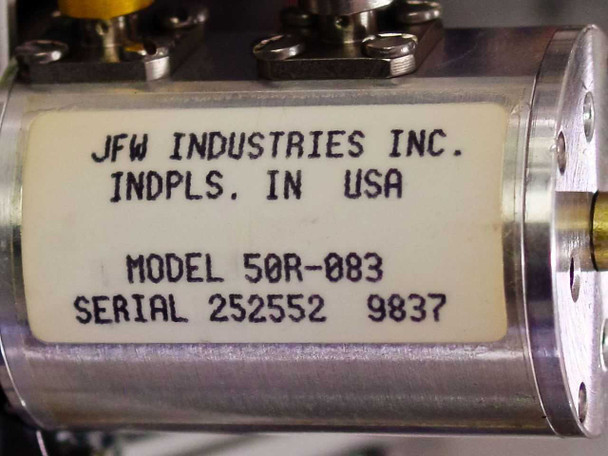 JFW Industries Model 50R-083 coaxial attenuator label – Indianapolis, IN USA, Serial 252552, dated 9837