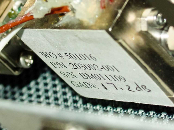 Internal component label showing WO# 501016, P/N 203002-001, S/N BM01109, Gain 17.2 dB – low noise amplifier module