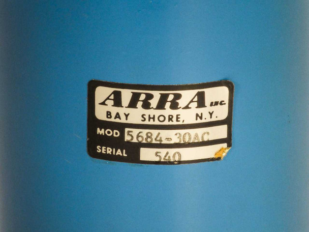 Arra 5684-30AC model label close-up showing model number 5684-30AC, serial number 540, and Arra Inc Bay Shore N.Y. manufacturer information