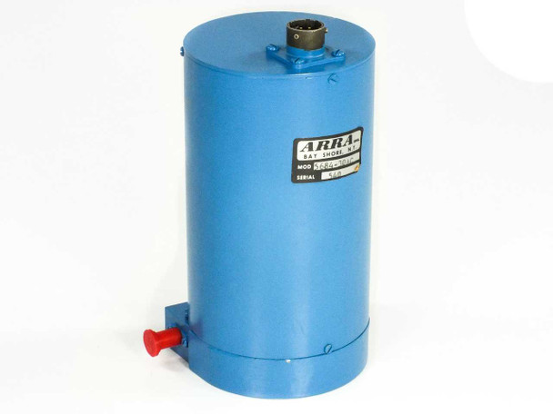 Arra 5684-30AC variable attenuator front-left view showing blue cylindrical drum housing, model label, multi-pin top connector, and red adjustment knob