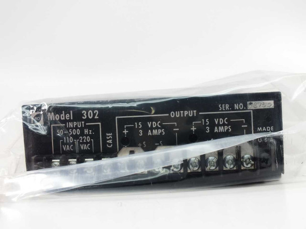 RO Associates Model 302 power supply label close-up showing Input 50–500Hz 110/220VAC and dual Output 15VDC 3 Amps terminals