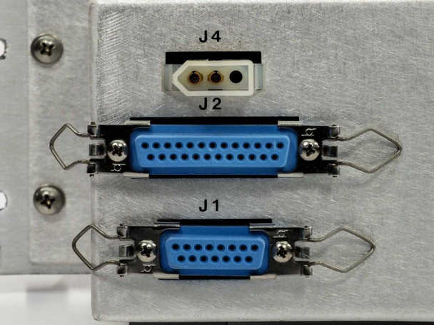 Varian VJC6767S2CMU rear panel – three connectors visible: J4 (3-pin), J2 (DB-25 female), and J1 (DB-15 female)