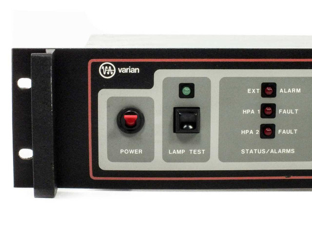 Varian VJC6767S2CMU front panel close-up – Power button and Lamp Test button on left, EXT Alarm, HPA 1 Fault, HPA 2 Fault LED indicators on right