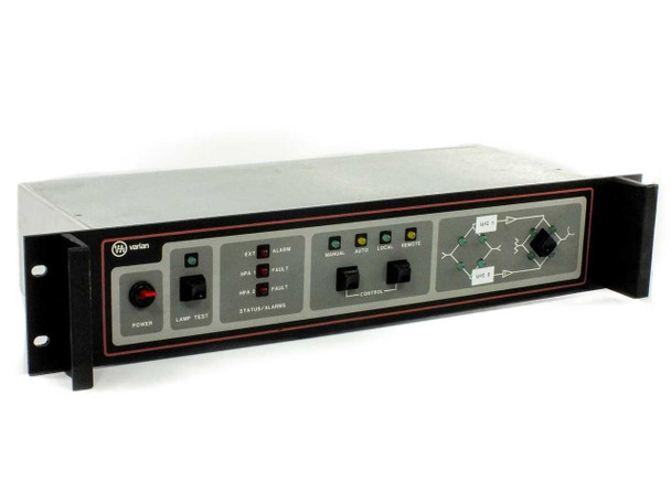 Varian VJC6767S2CMU RF Satcom Control Interface – front panel view showing Power, Lamp Test, Status/Alarms, and upconverter switching section