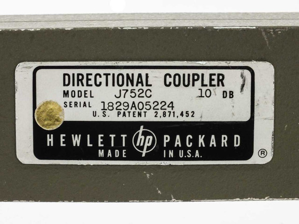 HP J752C Directional Coupler identification label – reads Model J752C 10 dB Serial 1829A05224 U.S. Patent 2,871,452 Hewlett Packard Made in USA