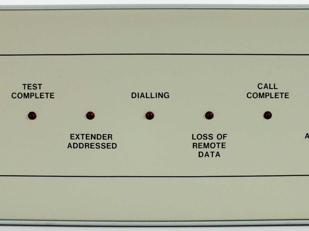 HP 37201A HP-IB Extender — front panel close-up showing Test Complete, Dialling, Call Complete, Extender Addressed, and Loss of Remote Data indicators