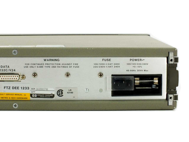 HP 37201A HP-IB Extender — rear panel power section showing 100/120/220/240V IEC inlet, fuse holder, and power ratings label
