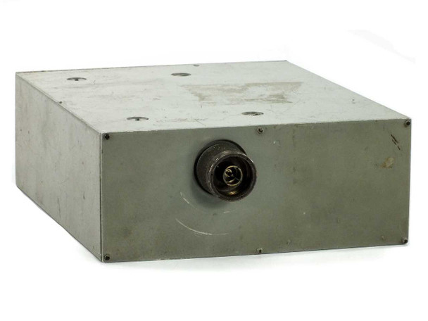 International Microwave ACP3959-20CB Tunnel Diode Amplifier – side view showing circular multi-pin power connector on gray metal enclosure