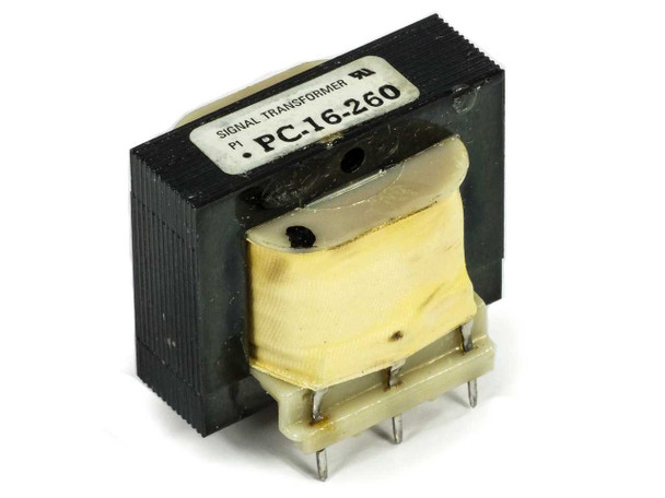 Signal Transformer PC-16-260 PCB mount power transformer – angled front view showing label, laminated core, yellow coil winding, and PCB pin leads