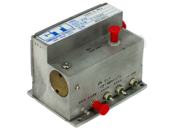 CTI Communication Techniques P-13162 RF Filter 1042.5 MHz – angled front-left view showing CTI logo label, RF Output port with red caps, and bottom-panel controls including JV SET, GSD +5V, LOCK, XTAL, and ALARM connectors