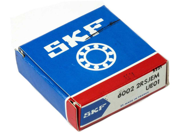 SKF 6002 2RSJEM UE01 deep groove ball bearing in original blue and red SKF box, Made in France label visible