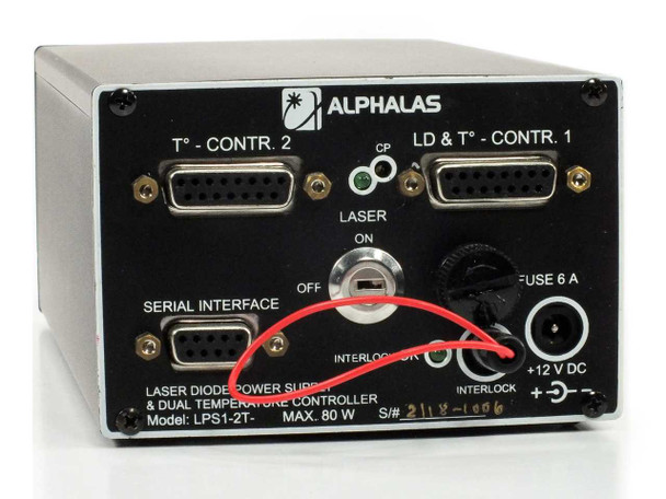 Alphalas LPS1-2T rear panel showing DB25 connectors for T°-CONTR. 2 and LD & T°-CONTR. 1, DB9 serial interface, keyed LASER ON/OFF switch, +12V DC barrel jack, 6A fuse, and rating label: MAX. 80W