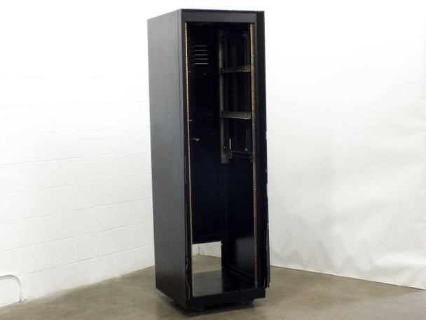 Full-height black rackmount cabinet with front door open, showing interior empty mounting rail space and rear ventilation panel