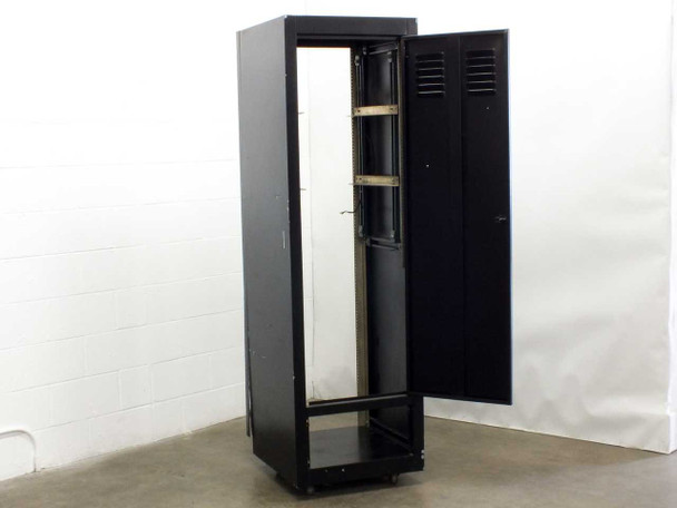 Full-height black rackmount enclosure cabinet with front door open wide, showing full interior depth, mounting rails, and rear vented panel