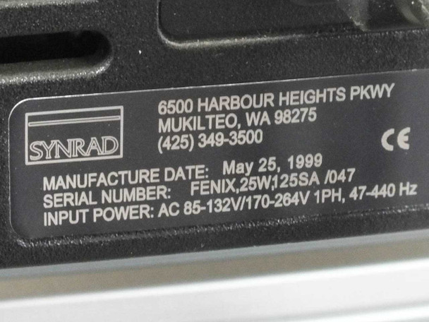 Synrad Fenix Flyer rating plate showing Manufacture Date May 25 1999, Serial Number FENIX 25W 125SA /047, and Input Power AC 85-132V/170-264V 1PH 47-440 Hz