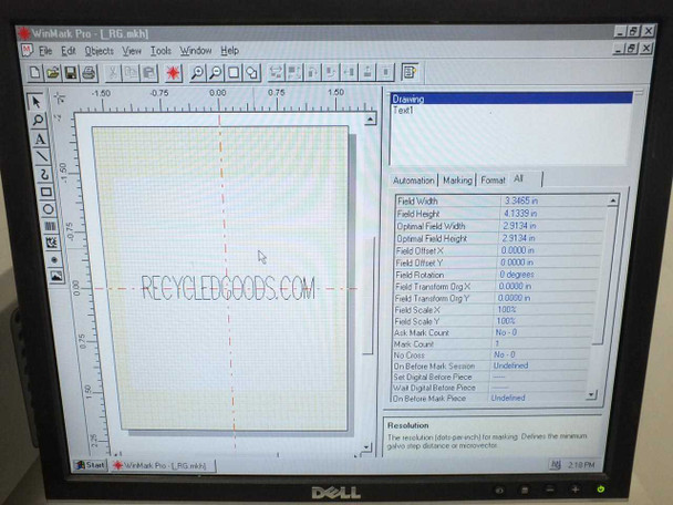 Synrad WinMark Pro software interface showing RECYCLEDGOODS.COM marking layout with field width 3.3465 in and field height 4.1339 in parameters