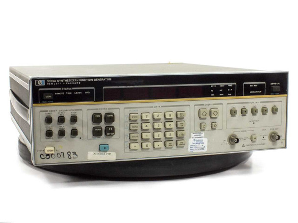 HP 3325A Synthesizer Function Generator front panel with LED display, sweep and entry controls, asset tag visible