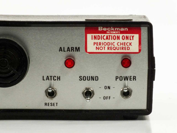 ACL Model 350 Static Event Detector front panel close-up showing alarm LED indicators, latch reset toggle, sound toggle, power toggle, and Beckman Instruments indication-only label