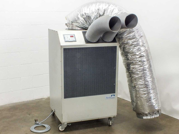 OceanAire OAC3612 portable air conditioner front view with dual flexible exhaust ducts attached on casters