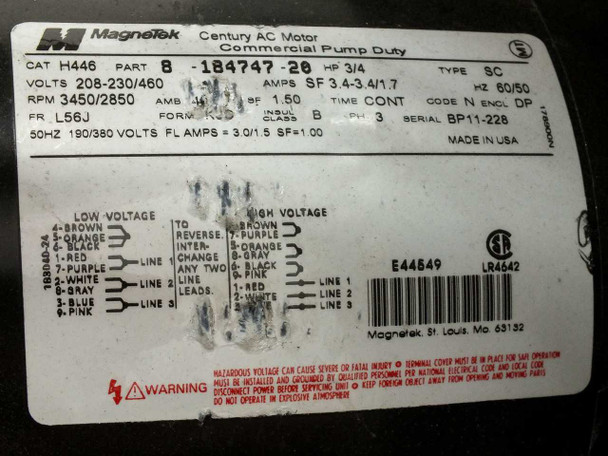 MagneTek Century AC motor nameplate on AEC TDWF7M09S4 pump: Cat H446, Part B-184747-20, 3/4 HP, 208-230/460V, 3450/2850 RPM, Frame L56J