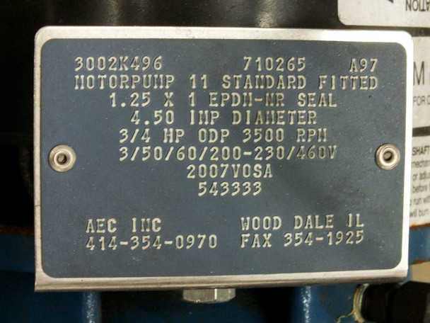 AEC pump nameplate showing Motorpump 11 Standard, 1.25x1 EPDM-HR seal, 4.50 IMP diameter, 3/4 HP ODP 3500 RPM, 3/50/60/200-230/460V