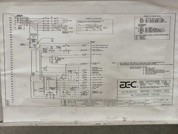 AEC wiring schematic diagram for TDWF7M09S4 (TOWM-TNX with solenoid valve), mounted inside cabinet door, dated 10-15-92