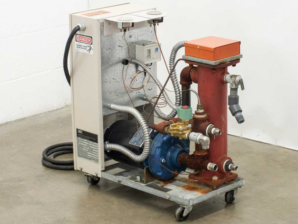 Rear view of AEC TDWF7M09S4 showing power cord, piping column with blue centrifugal pump, manifold assembly, and wheeled base frame