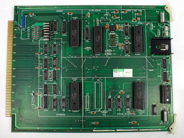 Hughes 2470-II wire bonder control card – green PCB labeled BONDER / ULTRA-SONICS / CAMERA & OPD TRK; sections labeled KEYBOARD, OPTICAL RECOGNITION, TIMERS; multiple DIP ICs and edge connector
