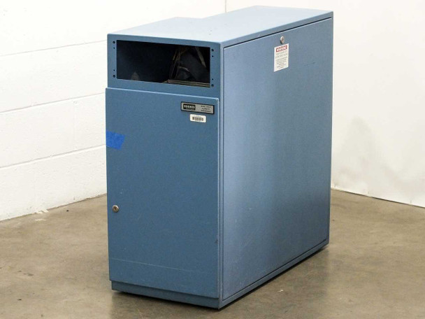 Hughes Aircraft 2470-II Wire Bonder Control Enclosure — rear/right side view showing top opening, Hughes nameplate label, and blue painted steel cabinet exterior