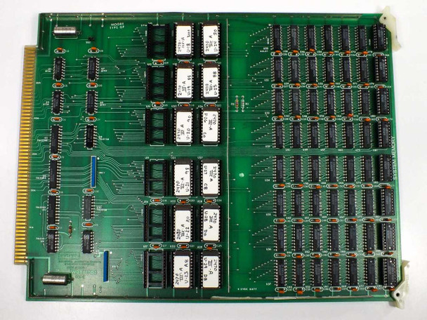Hughes 2470-II Wire Bonder control card — green PCB labeled 'MODEL TYPE GP' with gold edge connector, populated with relay modules and DIP ICs in organized array