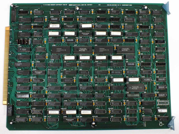 Hughes 2470-II Wire Bonder control card — green PCB labeled '11-18-1982 FREE MEMORY EQUIPMENT' copyright VIEW Engineering, Made in USA, gold edge connector, populated with DIP ICs