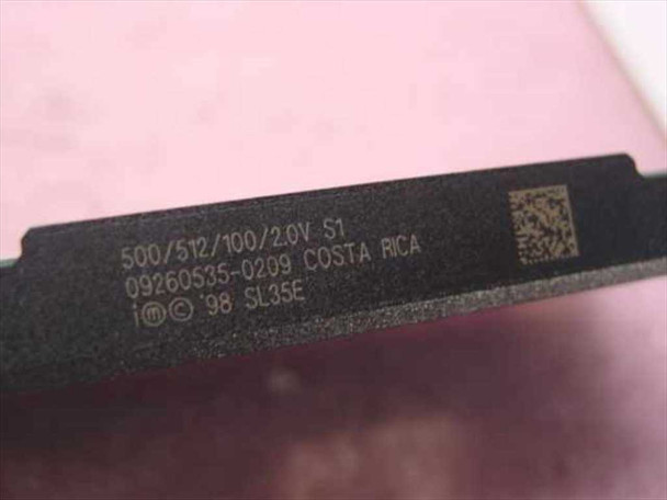 Intel Pentium III SL35E close-up of processor markings: 500/512/100/2.0V S1, date code 1998, SL35E, Costa Rica