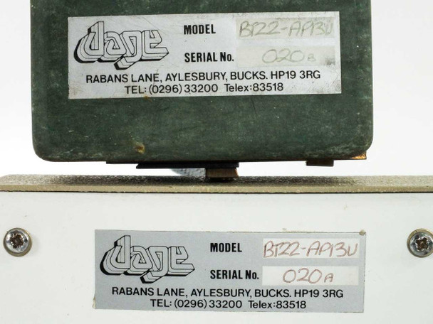 Dage BT22-AP13U model and serial number labels on both controller and hot plate — Model BT22-AP13U, Serial 020A