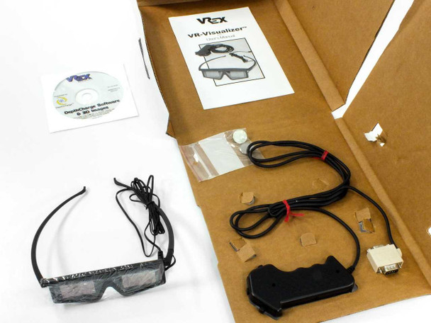 VRex VR-Visualizer 1.6 full kit laid out: LCD shutter glasses, VGA pass-through dongle/controller, DepthCharge software CD, and user's manual