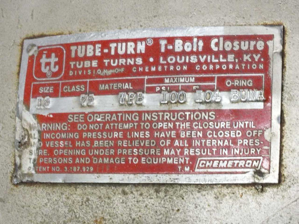 Tube-Turn T-Bolt Closure red nameplate showing Chemetron Corporation, Louisville KY, size 18, class 75, 100 PSI max, 104 deg F, BUNA O-ring