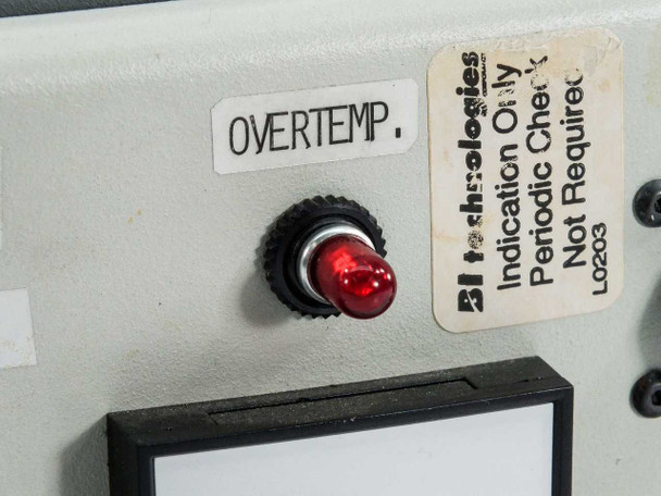 Close-up of BI Technologies HED 1706-902 OVERTEMP indicator LED and BI Technologies label reading Indication Only, Periodic Check Not Required, LO203