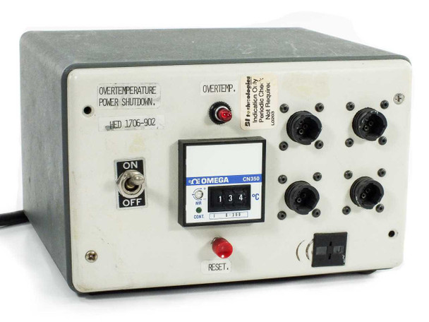 BI Technologies HED 1706-902 Over-Temperature Power Shutdown Control Unit front panel — showing Omega CN350 thermocouple display reading 134°C, ON/OFF toggle switch, red OVERTEMP LED, RESET button, six circular multi-pin connectors, and OVERTEMPERATURE POWER SHUTDOWN label