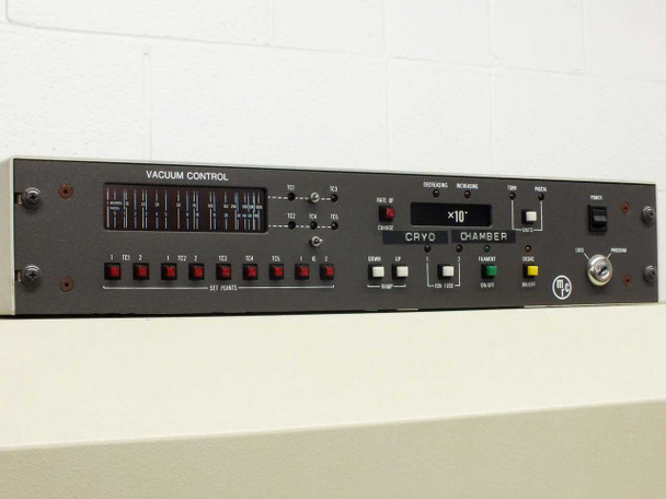 MRC 603-III vacuum control panel showing set-point switches, cryo and chamber pressure displays, and system status indicators