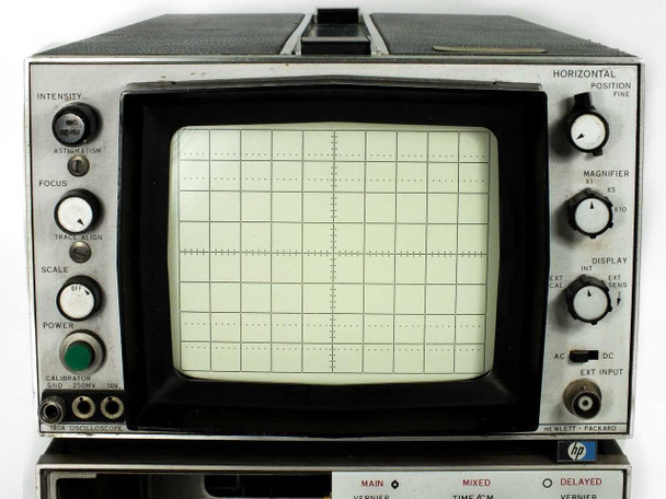HP 180A Oscilloscope front panel close-up showing CRT screen, INTENSITY, FOCUS, SCALE, and POWER controls